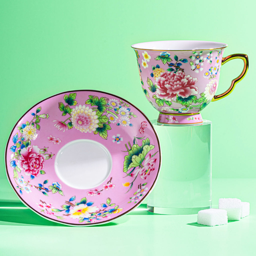 Spring Garden in Pink | Painted Enamel Coffee Cup & Saucer, Grace/Classic Cups