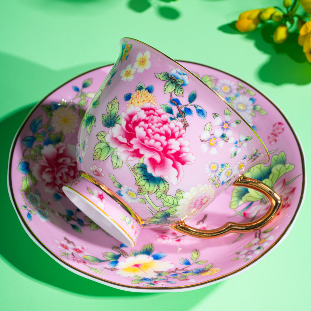 Spring Garden in Pink | Painted Enamel Coffee Cup & Saucer, Grace/Classic Cups