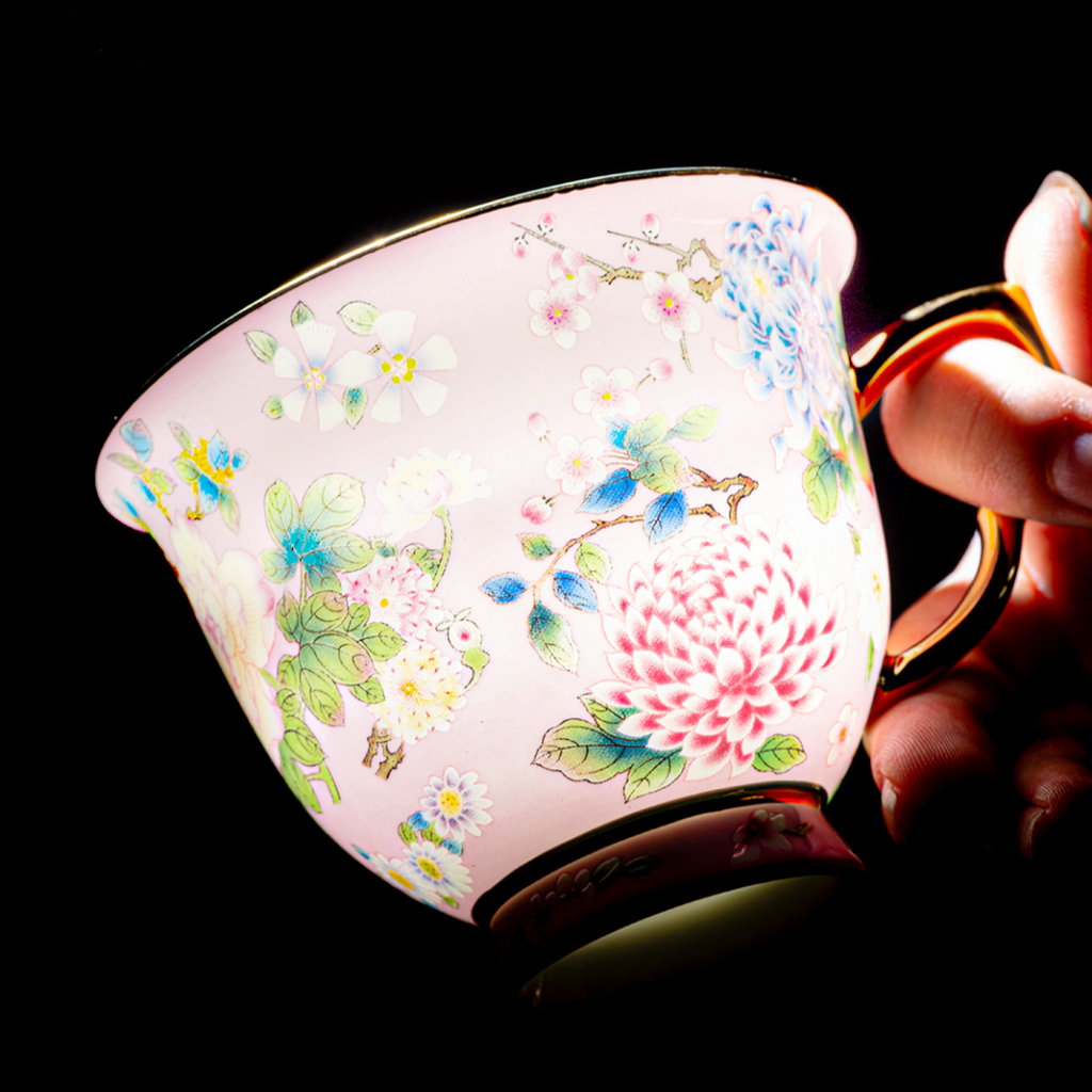 Spring Garden in Pink | Painted Enamel Coffee Cup & Saucer, Grace/Classic Cups