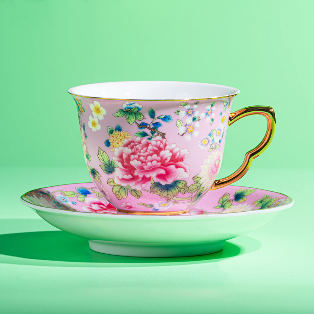 Spring Garden in Pink | Painted Enamel Coffee Cup & Saucer, Grace/Classic Cups