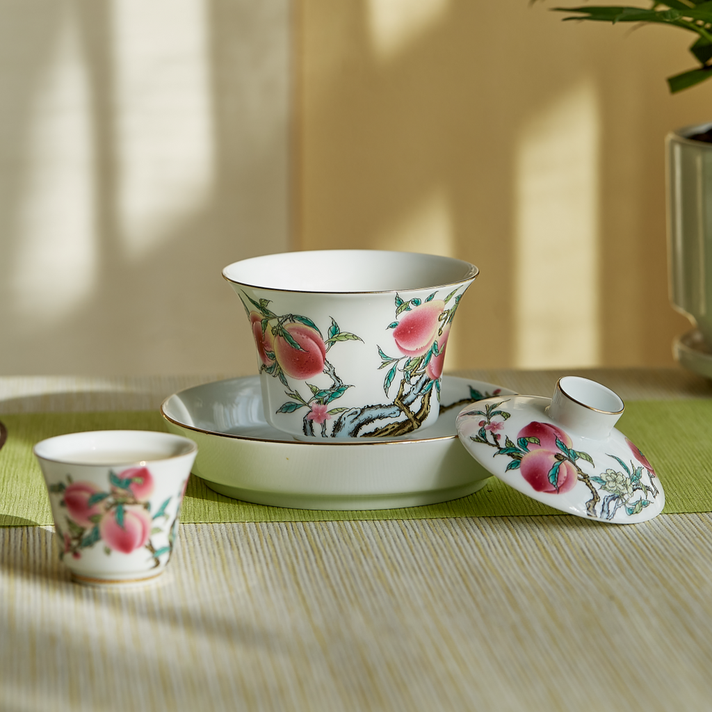 九桃吉祥九件組陶瓷茶具，六人份